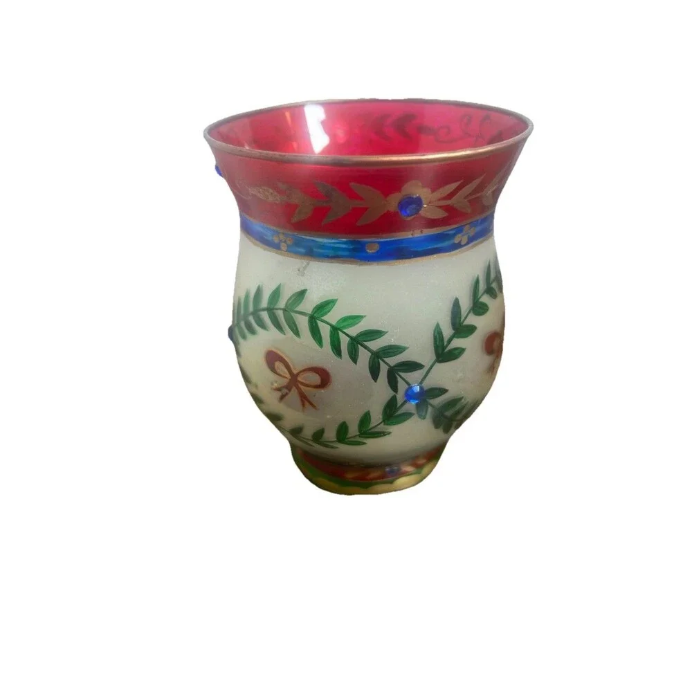 Vintage 2004 Christmas Glass Candle Holder Cups Set of 3 4” Hand Painted
